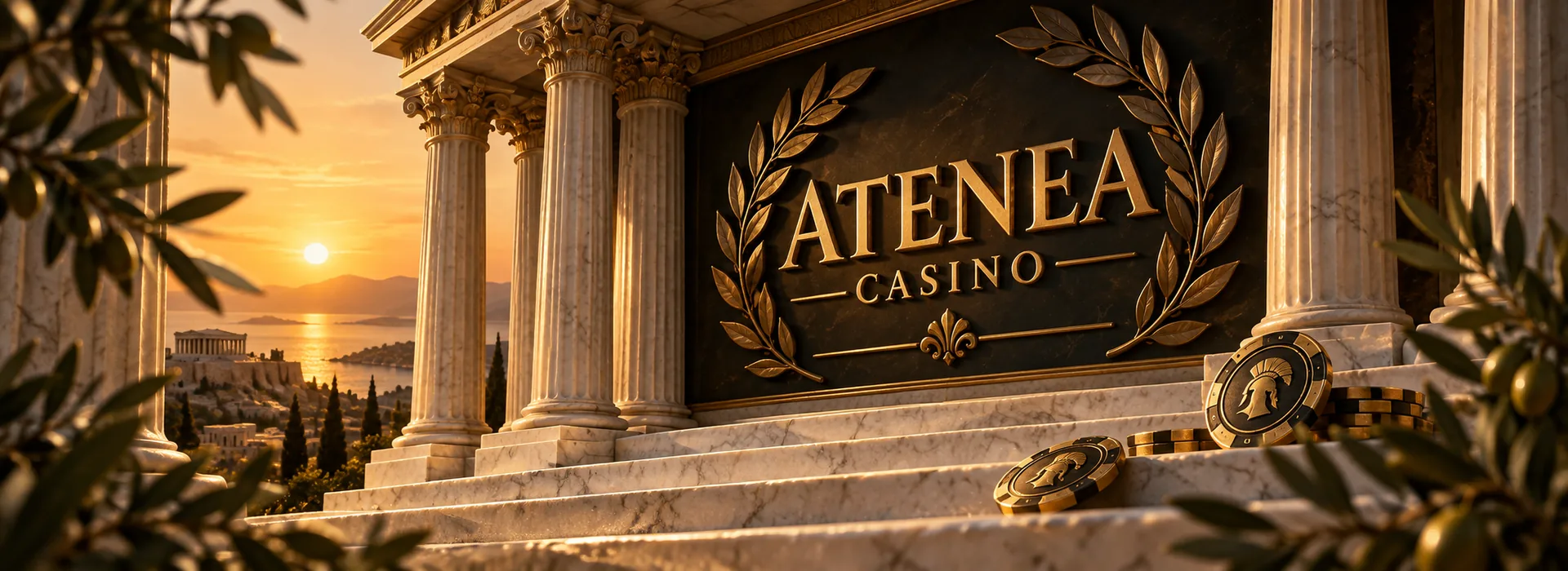 Atenea Casino Argentina: columnata de mármol griego con corona de laureles de bronce, fichas doradas y la leyenda 1000 fichas de regalo